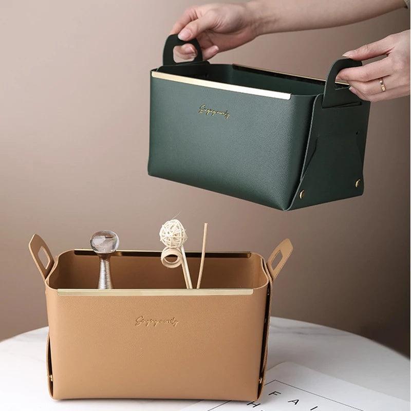 Caja de almacenamiento grande de cuero sintético de estilo nórdico para escritorio, plegable, para sala de estar, dormitorio, artículos diversos, bandeja para llaves y joyas, cestas para guardar cosméticos.