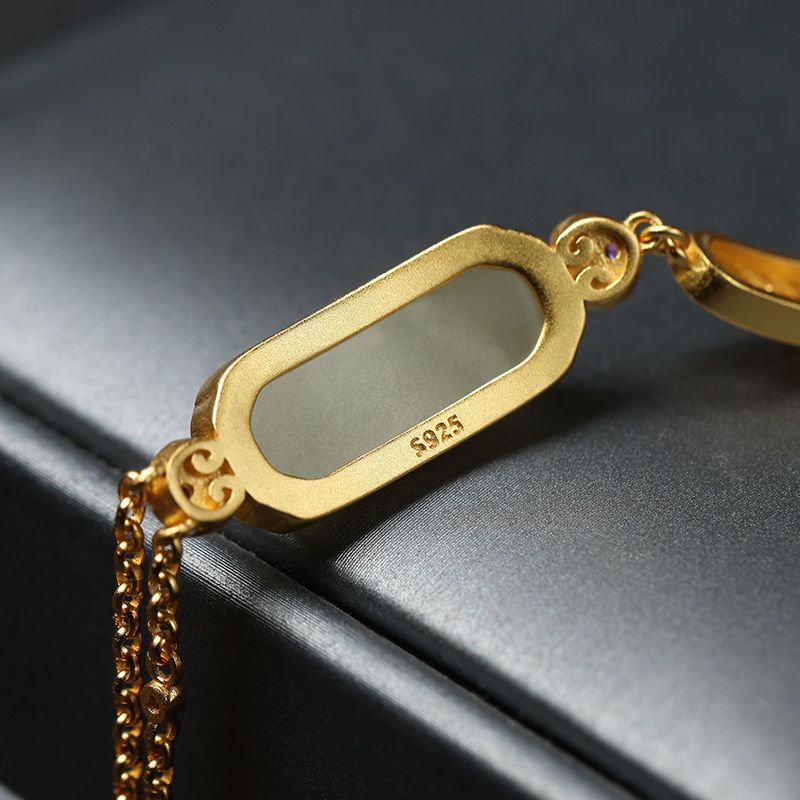 Ancient Ruyi Bracelet Safety-blessing Card 925 Sterling Silver Gold Inlaid With Jade Stone Bracelet