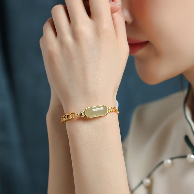 Ancient Ruyi Bracelet Safety-blessing Card 925 Sterling Silver Gold Inlaid With Jade Stone Bracelet