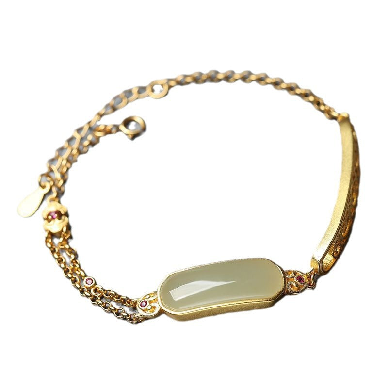 Ancient Ruyi Bracelet Safety-blessing Card 925 Sterling Silver Gold Inlaid With Jade Stone Bracelet