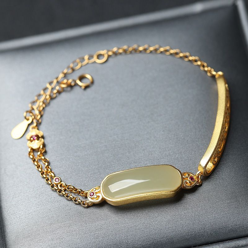 Ancient Ruyi Bracelet Safety-blessing Card 925 Sterling Silver Gold Inlaid With Jade Stone Bracelet