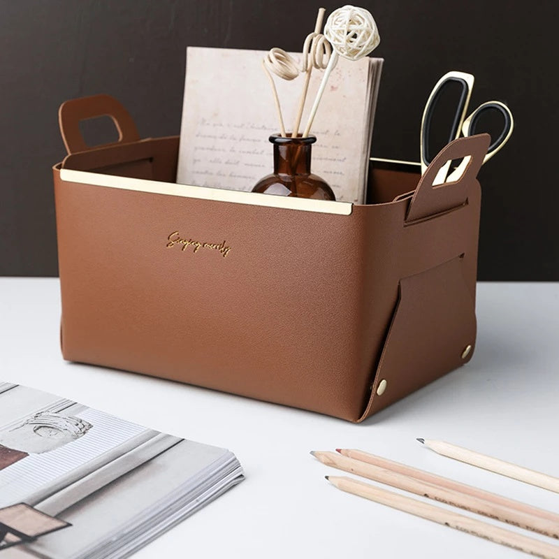 Caja de almacenamiento grande de cuero sintético de estilo nórdico para escritorio, plegable, para sala de estar, dormitorio, artículos diversos, bandeja para llaves y joyas, cestas para guardar cosméticos.