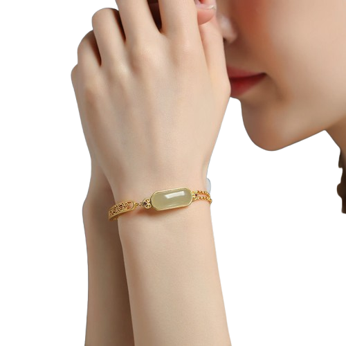 Ancient Ruyi Bracelet Safety-blessing Card 925 Sterling Silver Gold Inlaid With Jade Stone Bracelet