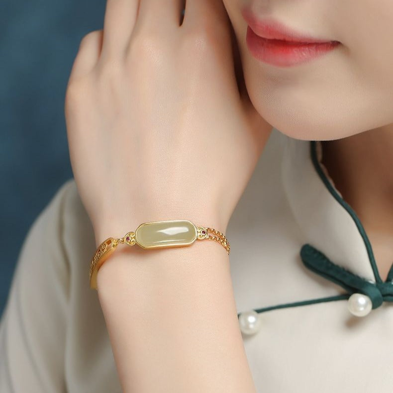 Ancient Ruyi Bracelet Safety-blessing Card 925 Sterling Silver Gold Inlaid With Jade Stone Bracelet