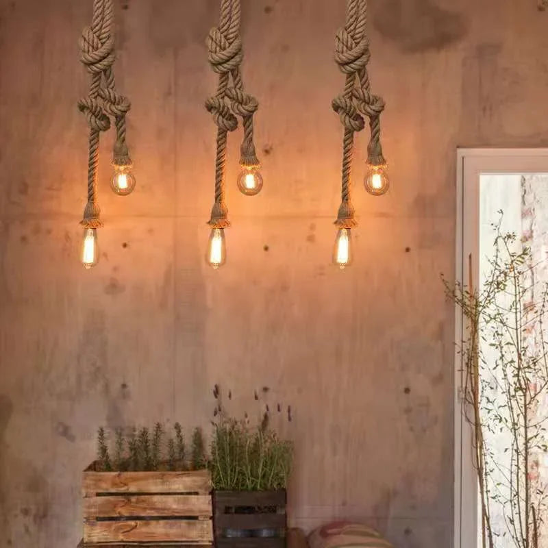 RustiGlow : Suspension vintage en corde de chanvre – Suspension style loft E27